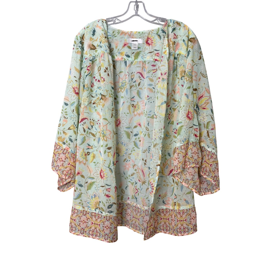 Christopher & Banks Kimono Womens 2X 3X Mint Green Floral Open Front Bell Sleeve